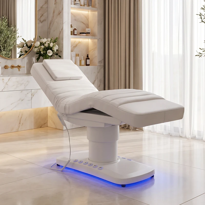 Pure White 3-Motor Electric Massage Bed with Foot Control And Blue Light Caterpillar Design for Beauty Salon Spa