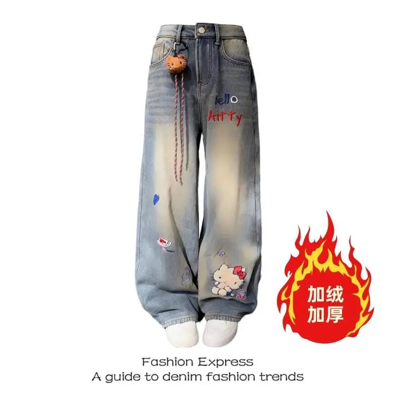 

Джинсы Sanrio Hello Kitty, женские, на флисовой подкладке, утолщенные, для зимы, свободного кроя, с широкими штанинами, прямые, очень длинные, с вышивкой