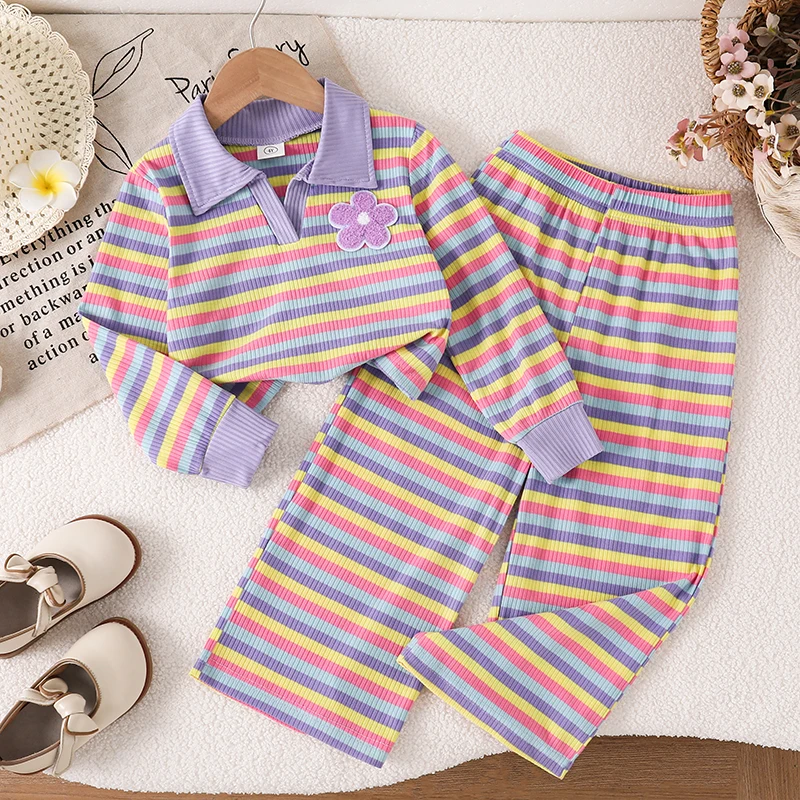 Kids Girls 4-7 Cute Two Piece Set, Striped Lapel Long Sleeve Shirt Floral Patch Matching Loose Wide Leg Trousers Daily Suit