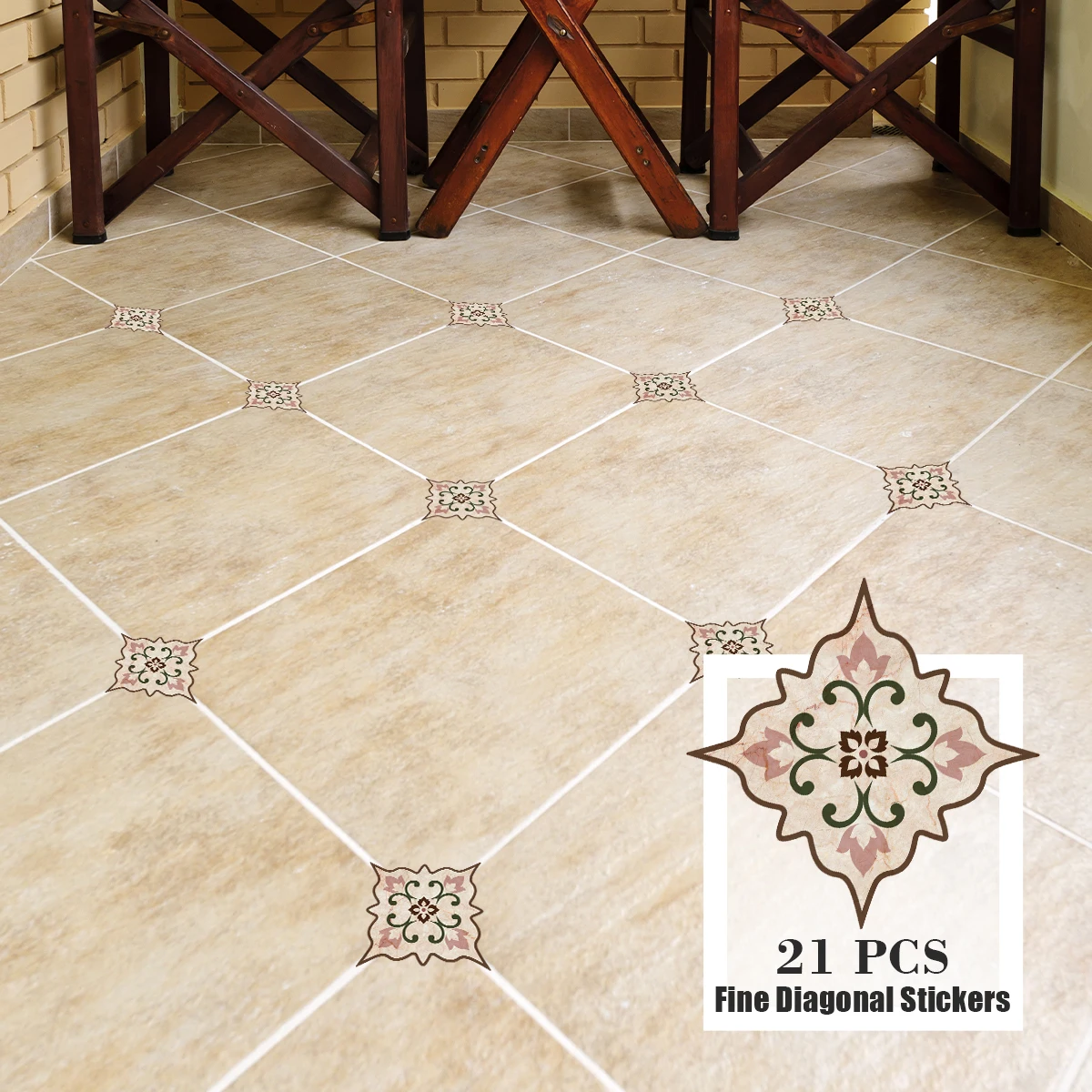 1 Set of 21 Pieces Pink, Bohemian Vintage Vine Floral Diagonal Stickers Adhesive Waterproof Floor Home Decor Wall Stickers