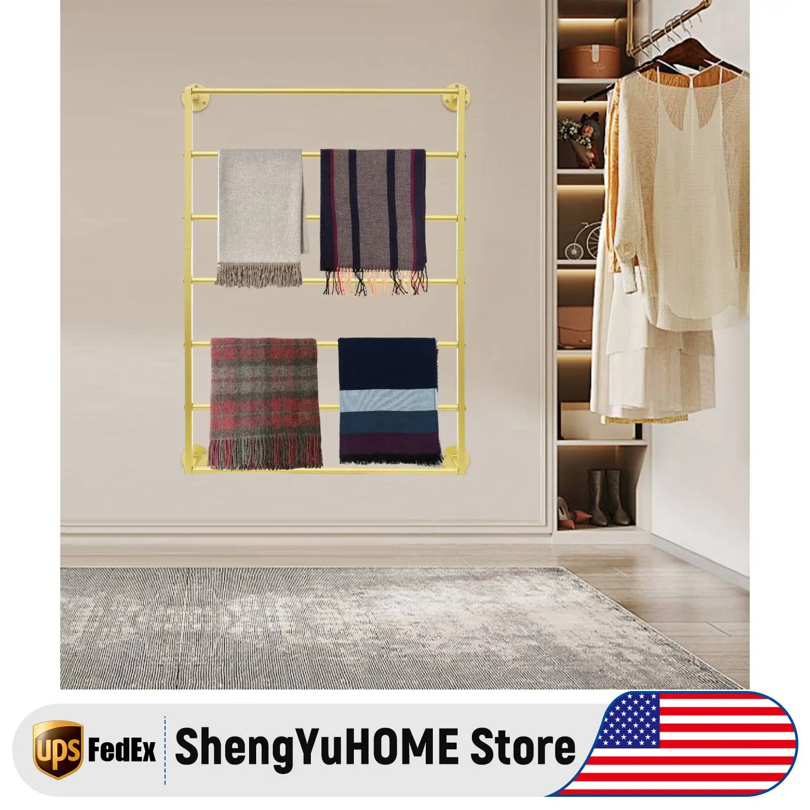 

Wall Mounted Display Rack, 7-Tier Gold Scarf Rack Towel Holder, Clothes Drying Rack for Bathroom Bedroom Retail Store, Storage
