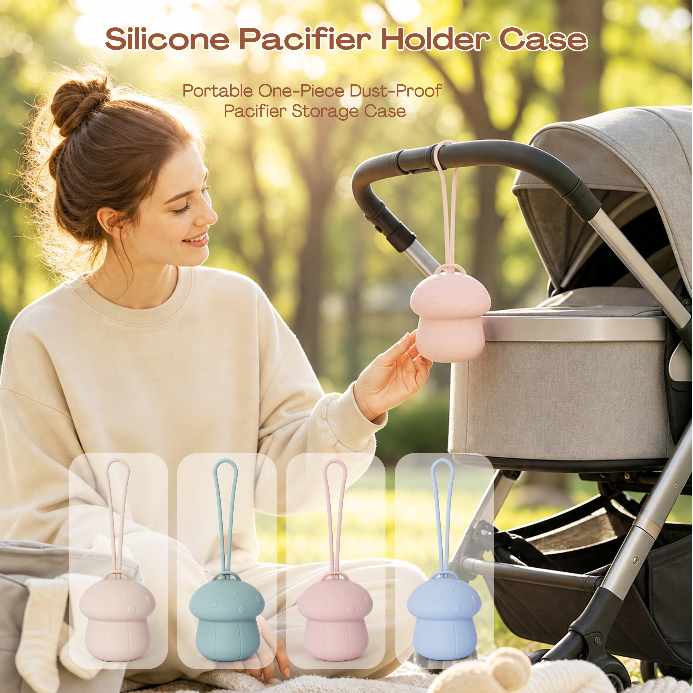 1pc Mushroom Silicone Pacifier Holder Case, One-Piece Portable Pacifier Holder For Boys & Girls, Fits Stroller Diaper Bag