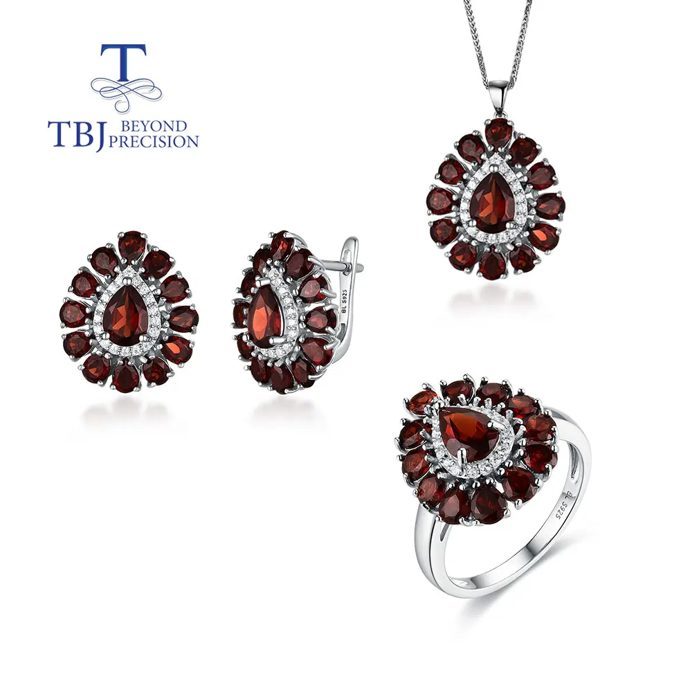 100% Natural Red Garnet Ring Earrings Pendant Jewelry Set 925 sterling Silver Fine jewelry for Women's