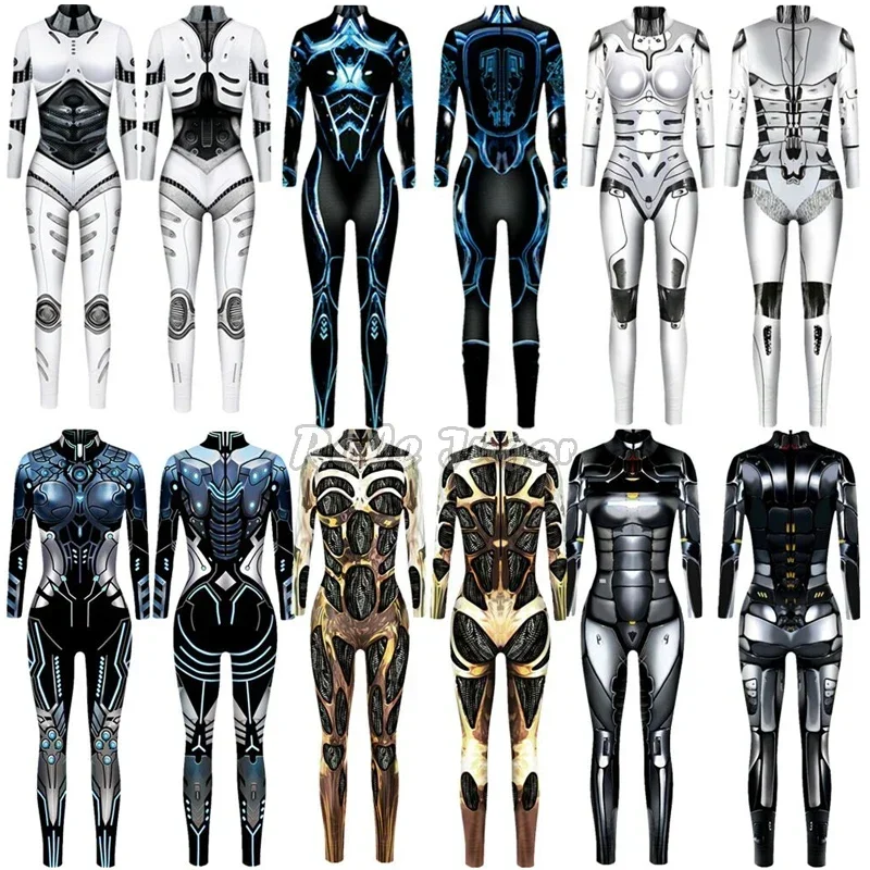 Robot punk jumpsuit sexy women cosplay costumes fancy Halloween party colorful printing skeleton bodysuit for men