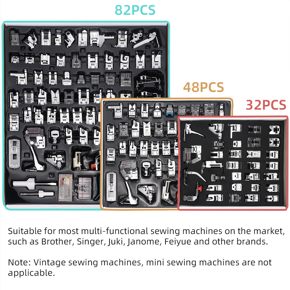 32/48/82 Pcs Sewing Machine Presser Feet Set for Brother, Singer, Juki, Janome, Feiyue, Elna & Most of Low Shank Sewing Machines
