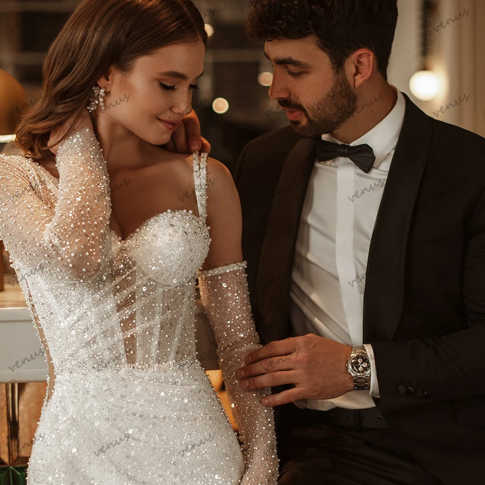 

Glitter Wedding Dresses Charming Bridal Gowns Beading Appliques Full Sleeves Robes Sexy High Slit Vestidos De Novia Customized
