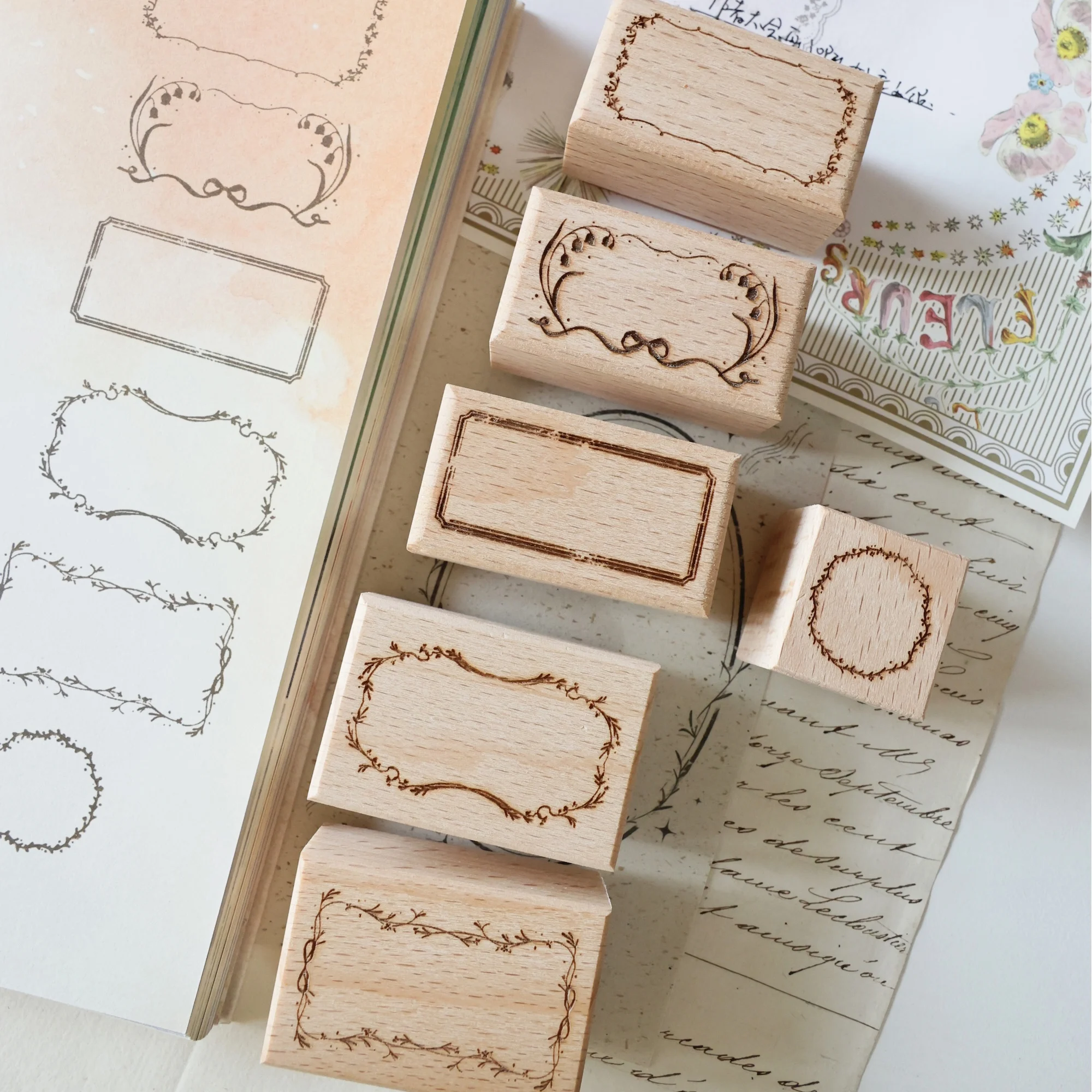 Two Raccoons Vintage Flower Frames Wooden Rubber Stamp for DIY Scrapbooking Photo Album Card Making