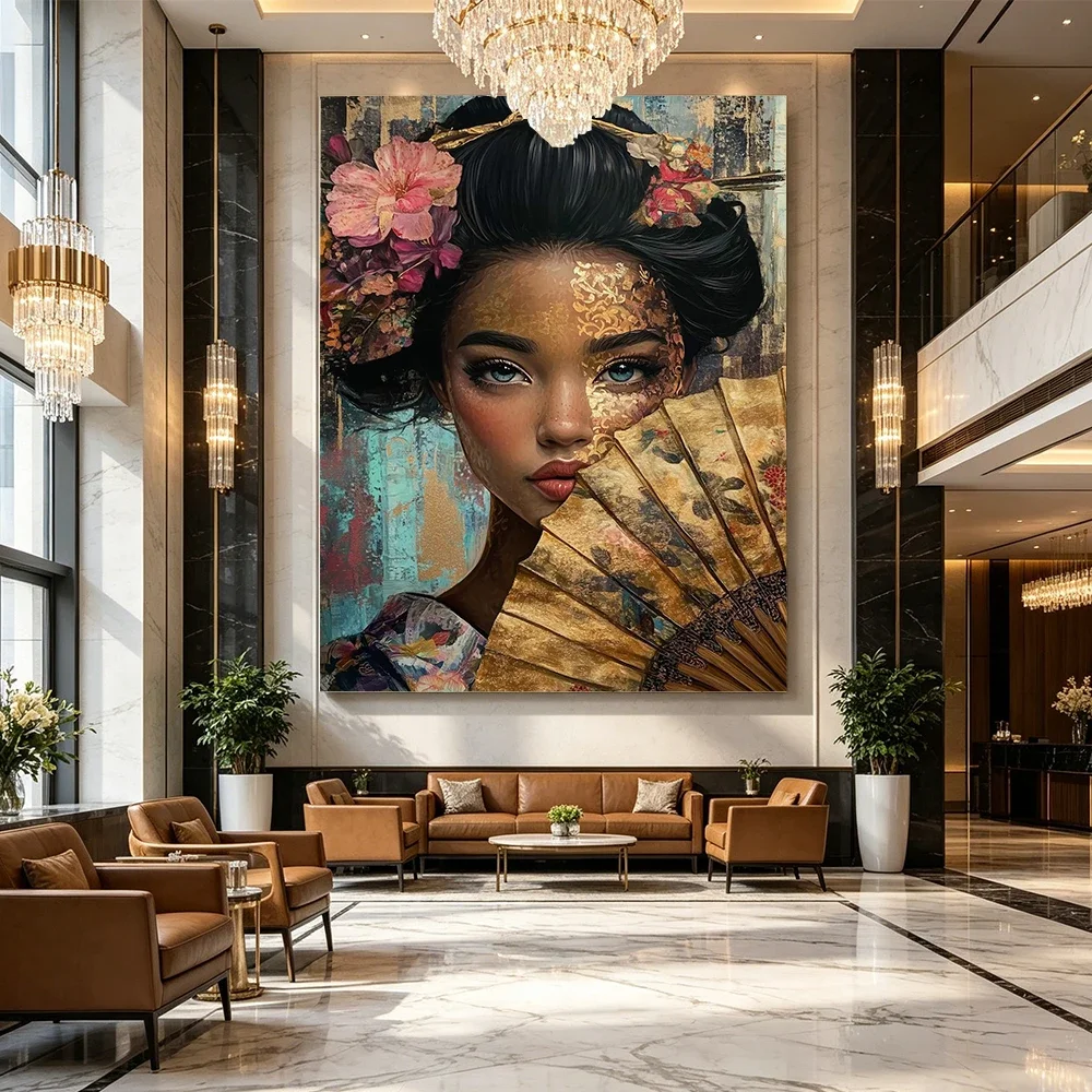 Vintage Geisha Canvas Wall Art Abstract Japanese Woman With Fun Poster Print Asian Floral Canvas Painting Aesthetic Home Decor