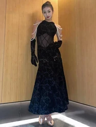 2024 Ballroom Dance Performance Dress Women Pearl Black Velvet Dress Club Waltz Practice Wear Adult Competition Clothing BL12214