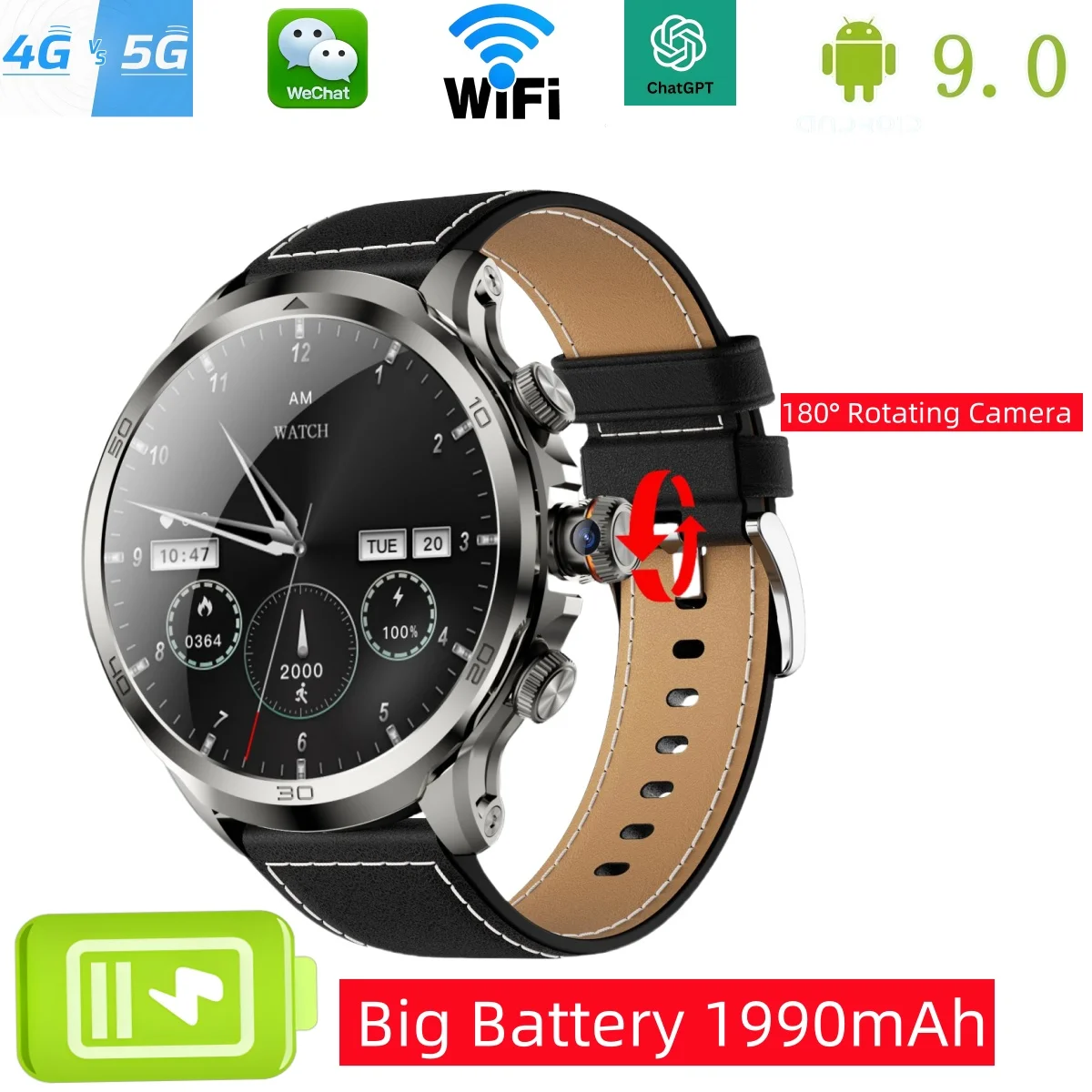 Smart Watch Big Battery Men H19 LTE Full Netcom Android Smartwatch 900W Rotating Camera GPS WIFI Google Play Store 16GB + 256GB