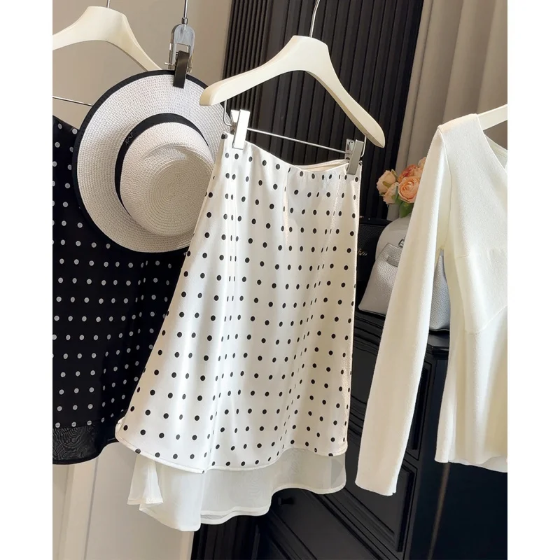 

Women's Fashionable Polka Dot Silky Acetate Midi Skirt High-Waisted Slim-Fit Spring Summer Skirt Flattering Figure Hip Coverage