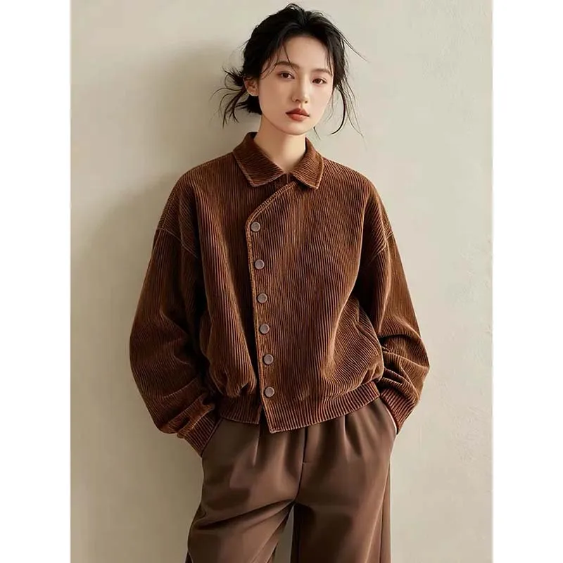Brown Corduroy Shacket Coats 2026 Women Fall Short Lapel Jacket Long Sleeve With Mock Pockets Single Button Casual Outerwear