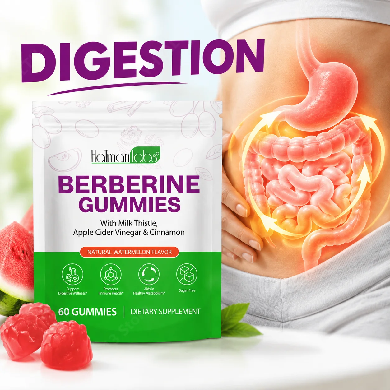 Berberine Gummies Aid Digestion Promote Metabolism Provide Energy Sugar-free Watermelon Flavor Tasty Chew 60pcs 30 Days Supply