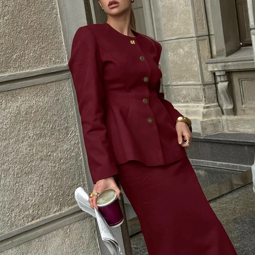 2025年新デザインセンス ウエストシェイプ ラウンドネック 長袖 スーツジャケット ツーピースセット ファッション 多用途 レディース ワインレッド
