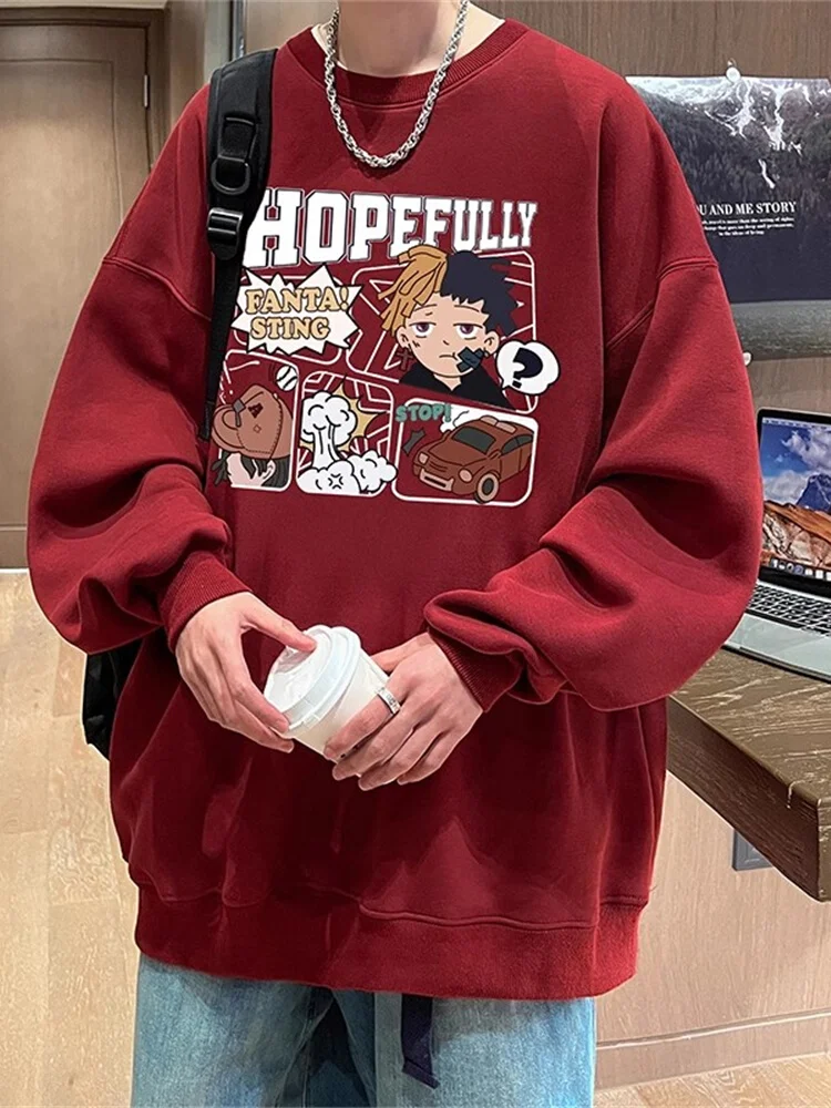 

Красная толстовка с круглым вырезом и мультяшным принтом, мужская, весенне-осенняя, свободного кроя, с длинными рукавами, модная молодежная одежда американского бренда