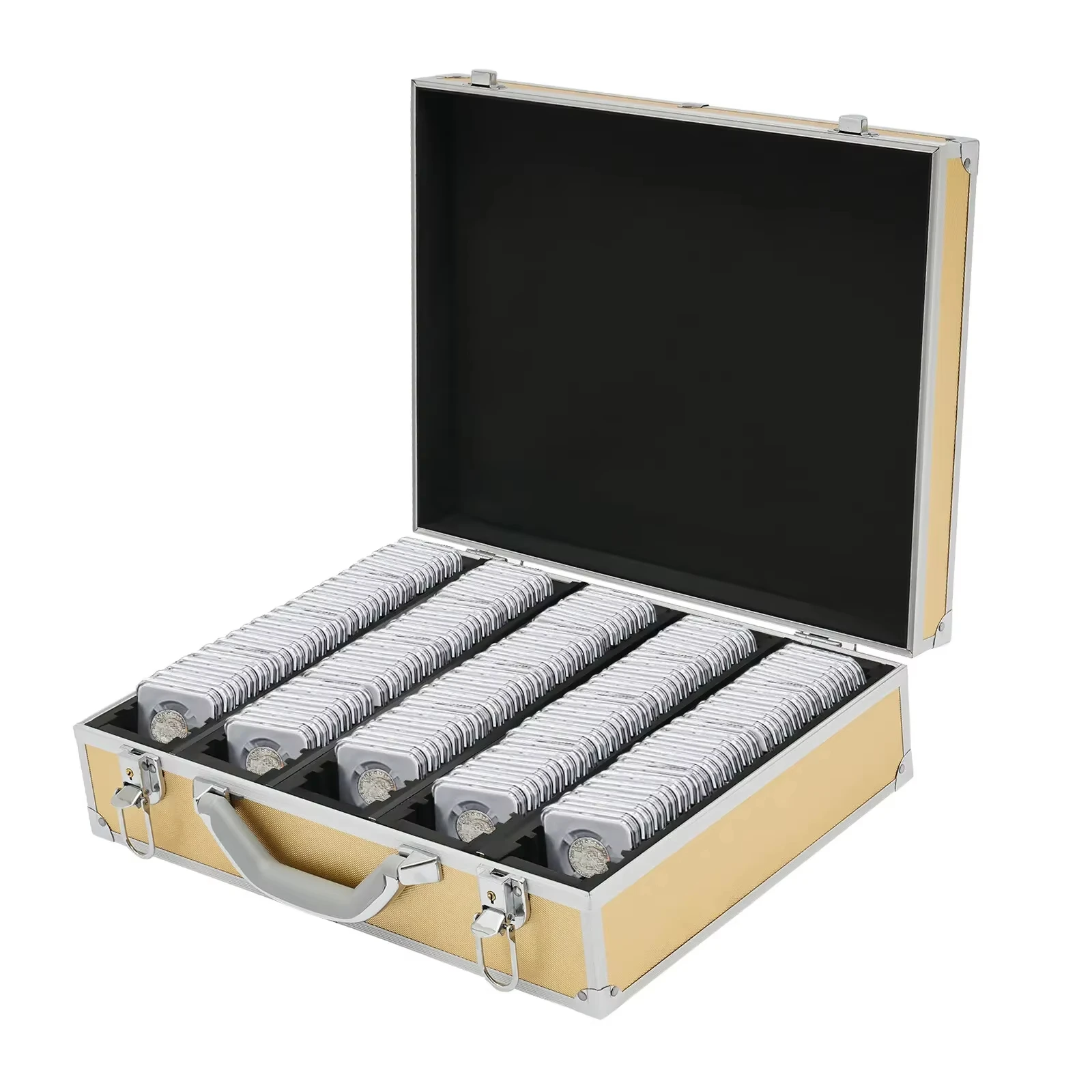 ​​5 Compartment Aluminum Coin Storage Box Gold Case Holds 100 Coins with Sponge Protection Lockable Display Organizer for Coll