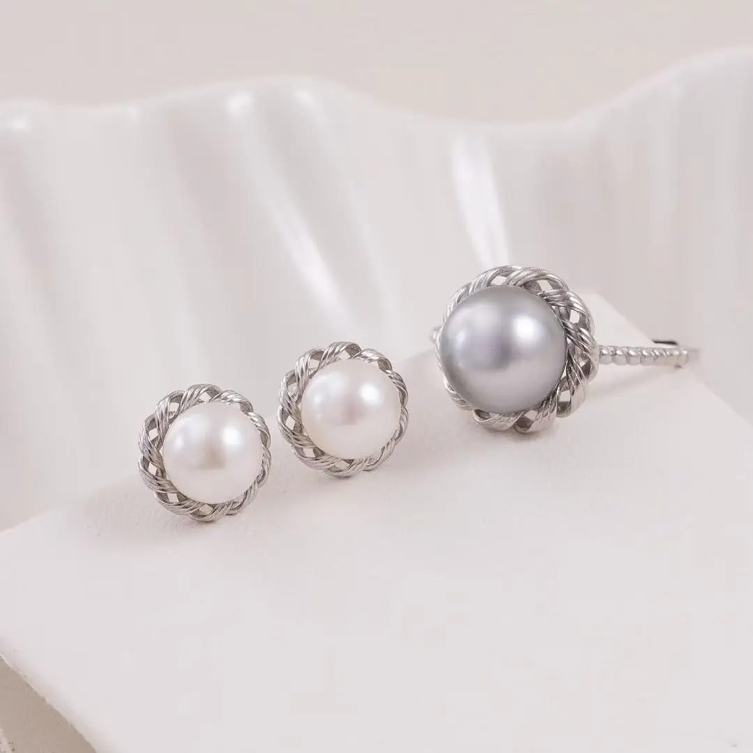 S925 Sterling Silver Ring and Earrings Set Base Mounts Findings Mounting Jewelry Set Parts Fittings for 7-10mm Pearls