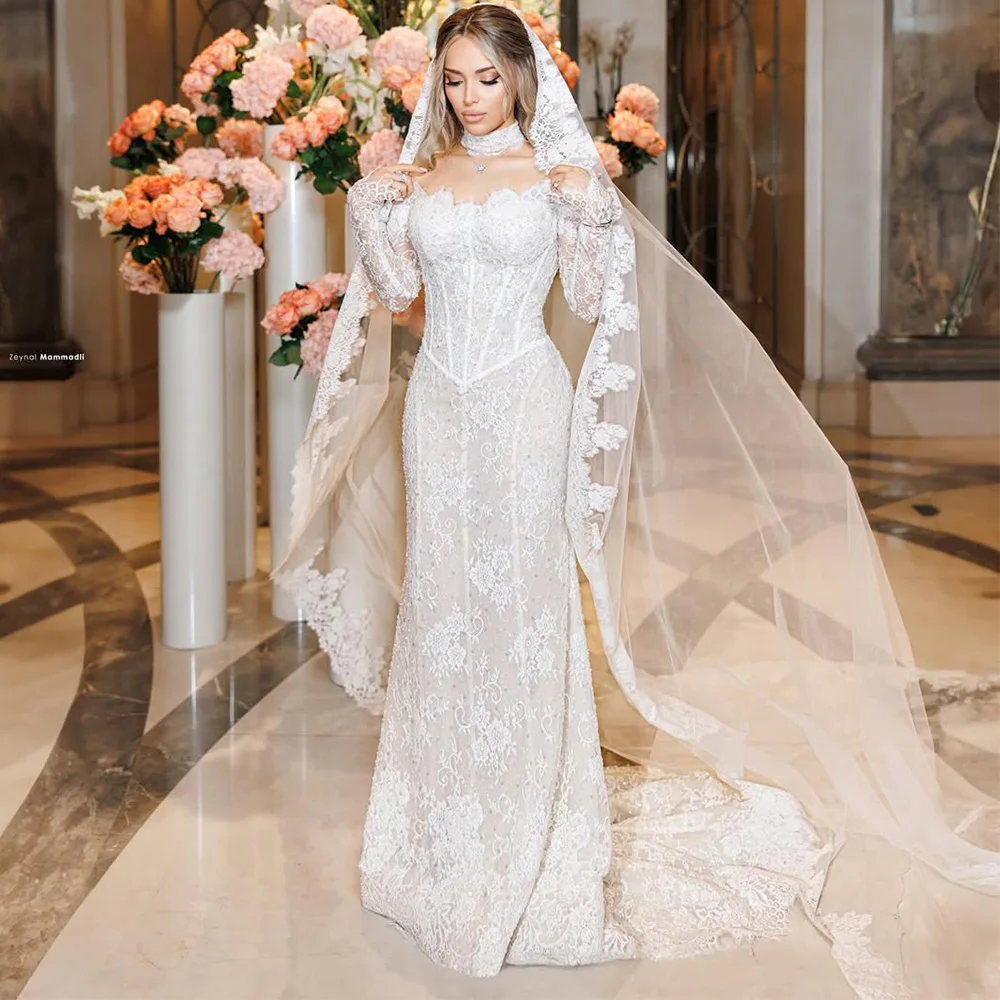 Boat Neck Long Sleeves Wedding Dress Elegant Customized Mermaid Beading Bridal Gowns High Quality Appliques Lace Robe de mariée