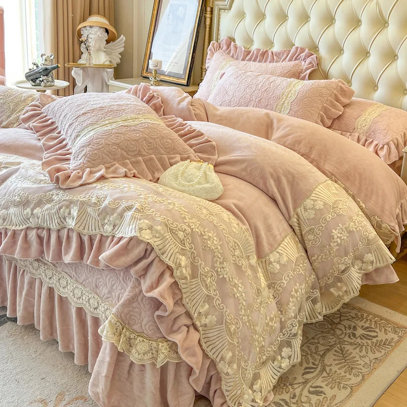 Light Luxury Thickened Bed Cover Carved Milk Fleece Four-piece Warm French Princess Style Lace QuiltCover Pillowcase Bedding Set