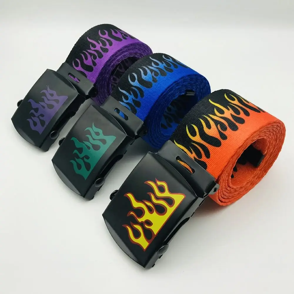 Women Men Unisex Flame Print Canvas Belt Fashion Hip Hop Automatic Buckle Simple Versatile Jeans Student Trend Belt Waistband