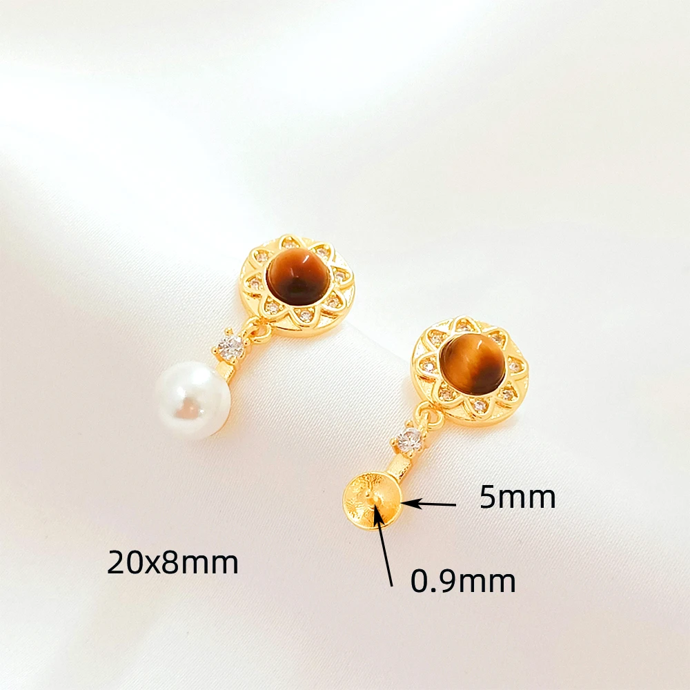 1 Pair Brass Coated Gold Zircon Inlaid Tiger Eye Stone Oval Ear Needle DIY Jewelry Making Semi-finished Product Accessory