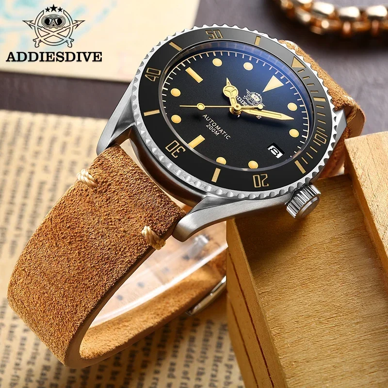 Addiesdive Business Ad2101 Heren Automatische Horloges Vintage Lederen 200M Duiken Mechanische Horloges Luxe Nh35 Saffier Polshach