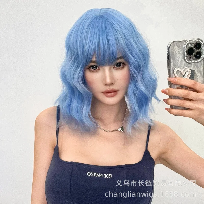 

Women's wig, internet celebrity style, youthful blue air bangs, BOBO cut, lively short curly hair, fashionable and trendy