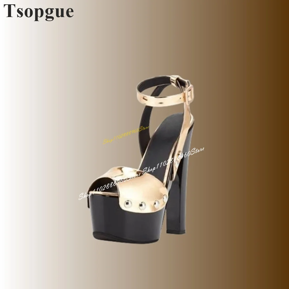 Black Glossy Patent Leather Platform Sandals Chunky High Heel Women Shoes Ankle Buckle Strap Peep Toe 2024 Zapatos Para Mujere