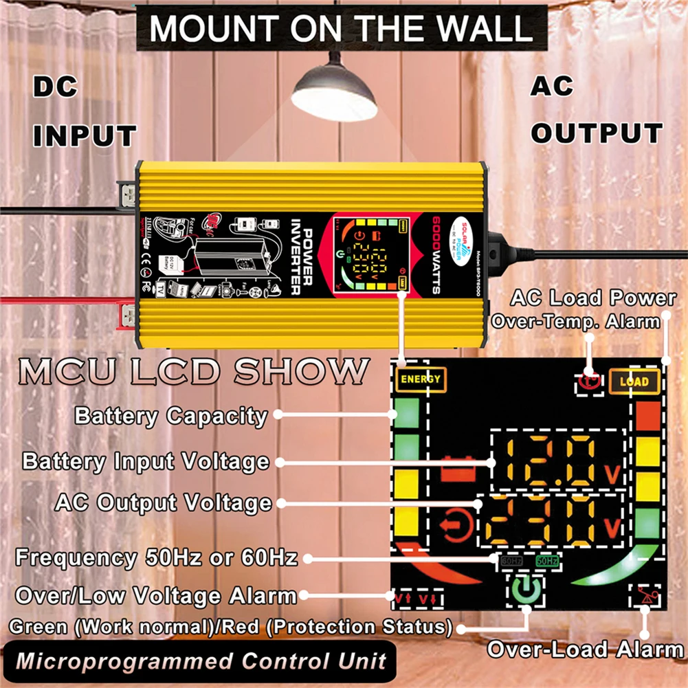 

6000W Car Inverter Modified Sine Wave Car Voltage Transformer Dual USB Digital Power Inverter DC 12V To AC 110V 220V LCD Display