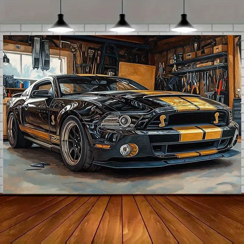 Vintage Garage Wall Tapestry Classic Muscle Car Theme Yellow Black Racing Stripe Home Decor Tapestry Multiple Sizes