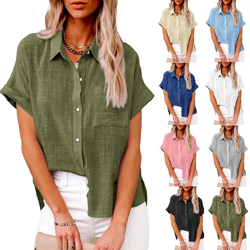 Camiseta de Verano para Mujer, Talla Grande, Estilo Europeo Americano, Casual, con Bolsillos y Botones, Manga Corta, de Algodón y Lino, Transpirable, para Uso Diario