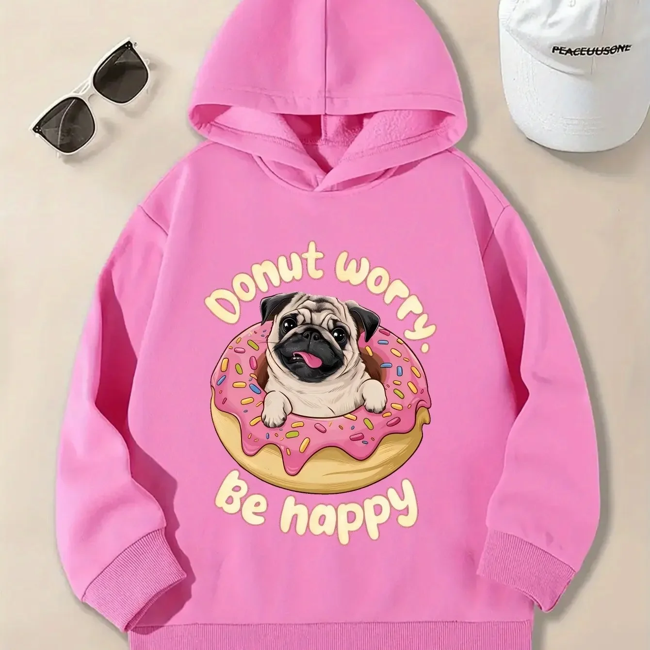 Kids Donut Worry Be Happy Hoodie Cute Puppy Dog Donut Graphic Print Sweatshirt Boys Girls Cartoon Pullover Hooded Top Autumn