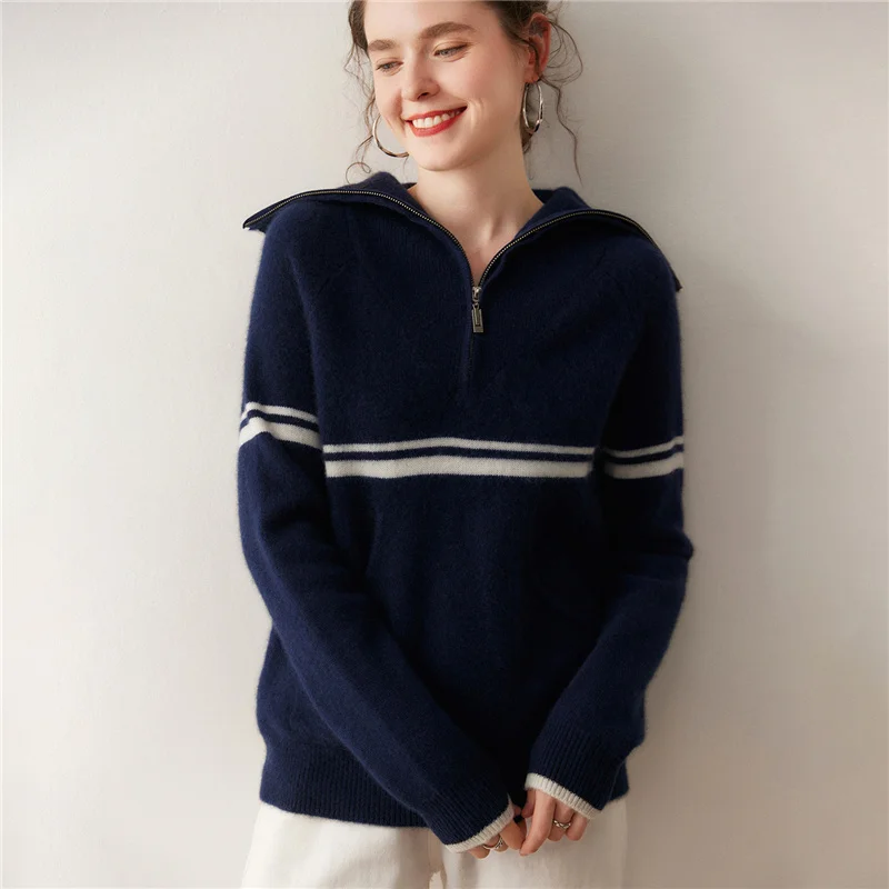 100% Cashmere Women's Sweater Collar Women's Knitted Hoodie Thickened Black Women's Sweater Zipper Women's Sweater