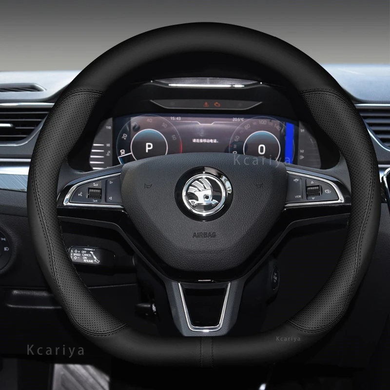 Cubierta de cuero de fibra de carbono para volante de coche, cubierta para Skoda Octave Camick Fabia superb snowman Kodiaq Karoq Skala VRS Fast