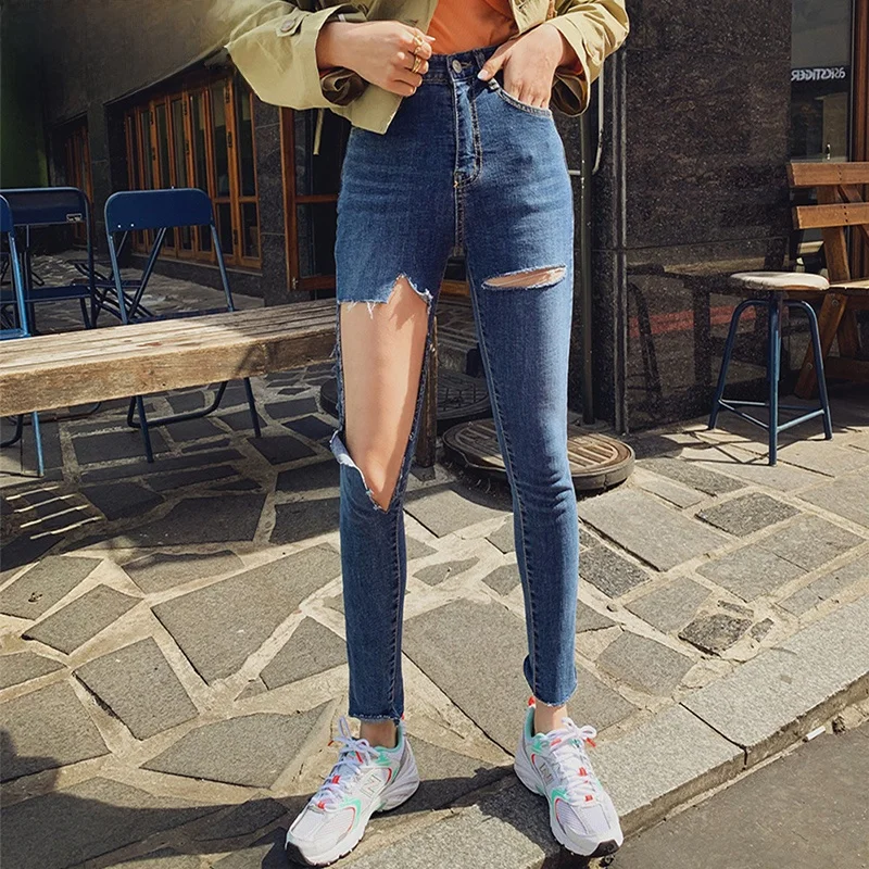 

High Waist Denim Jeans Women's Skinny Stretchy Cotton Elastic Hole Punching Korean Sle Tummy Control Bootcut Pants