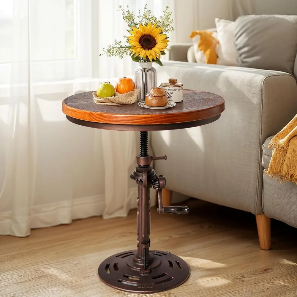 Industrial Style Metal and Wooden Side Table with Hand Crank Adjustable Height, Suitable for Living Room and Bedroom Use