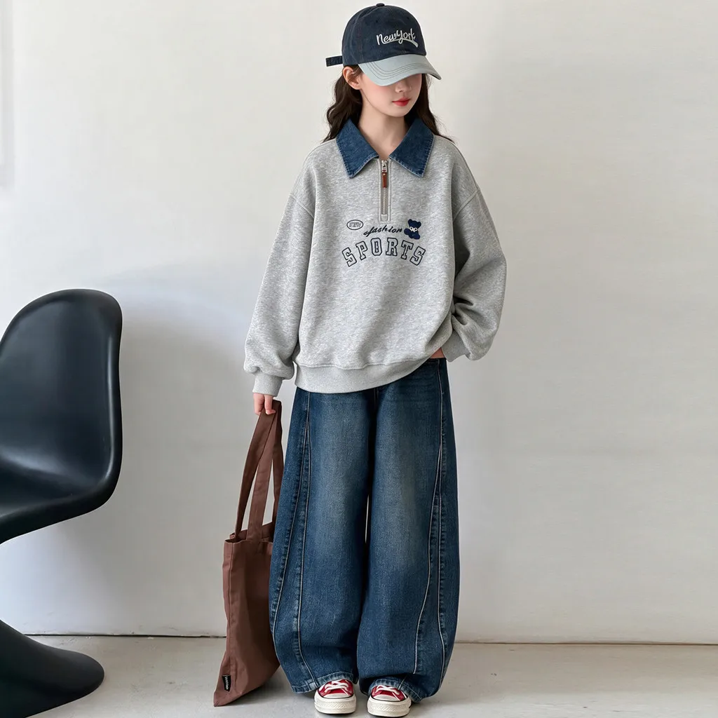 Girls Sweatshirt Half Zip Denim Collar Bear Letter Print Long Sleeve Autumn Children Tops 2026
