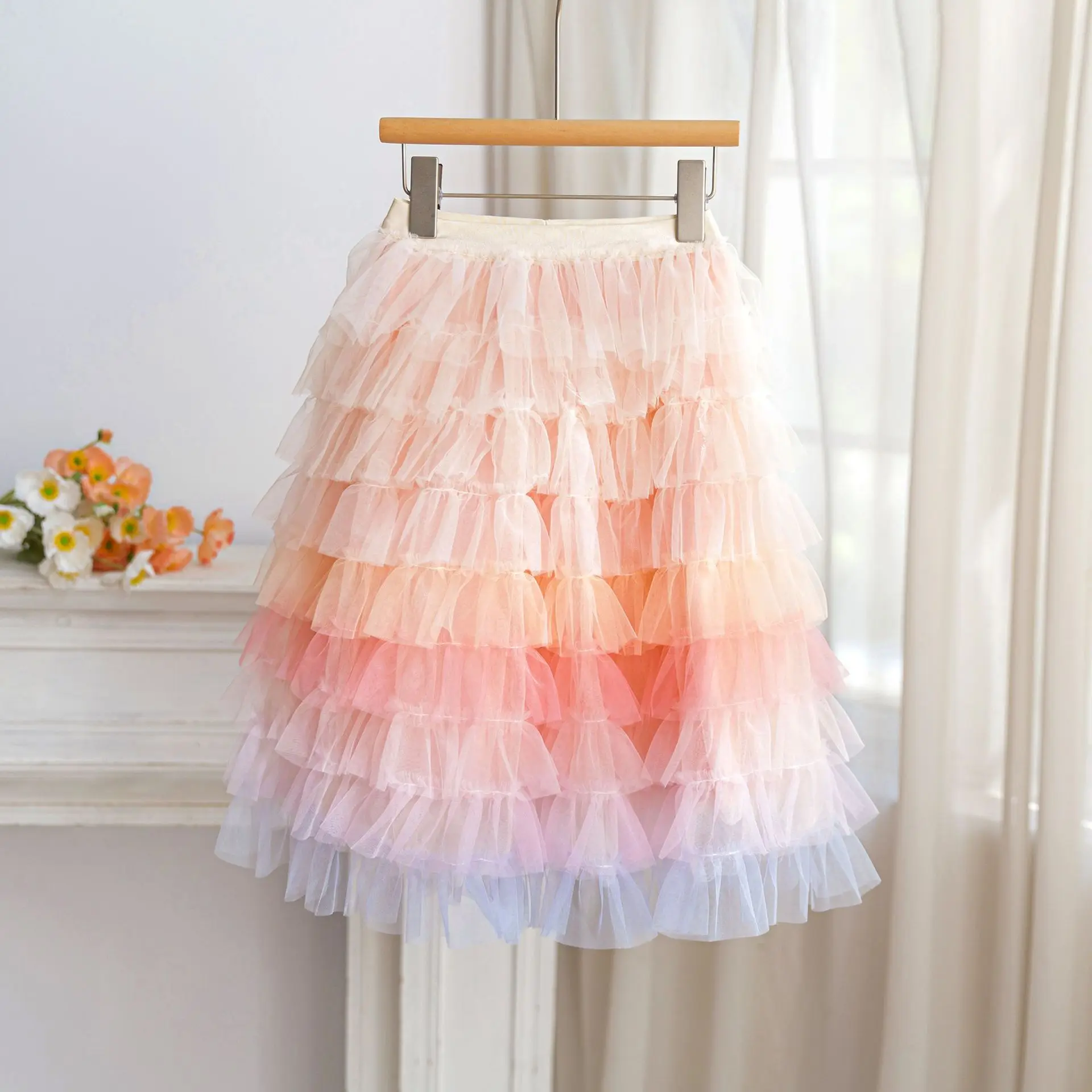 Girls Gradient Tulle Tiered Skirt Multi Layer Ruffle Cake Skirt Elastic Waist Princess Style Birthday Parties Daily Wear Skirts