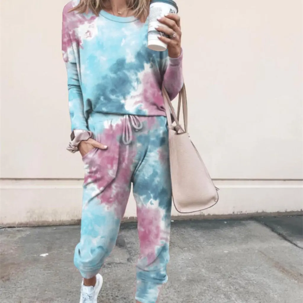 

Women's Crewneck Long Sleeve Sports Print Casual Suit Loose Fit Fashion Tie Dye Set