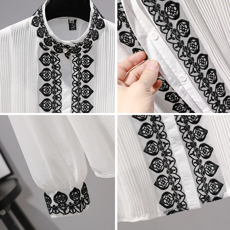 Vintage Single-breasted Chiffon blouse Autumn Spring New Elegant Embroidered Tops Stand Collar Lantern Sleeve Women Shirt