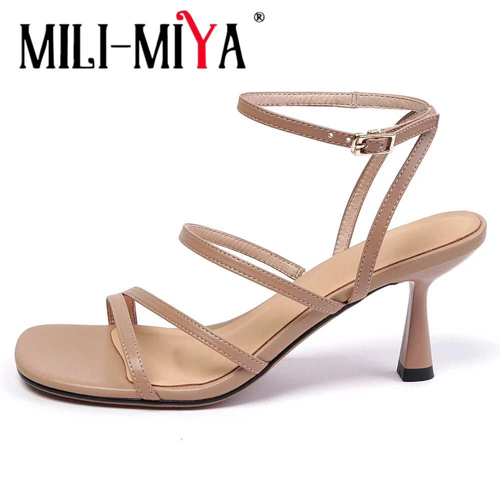 MILI-MIYA 2026 Summer Black Beige Cow Leather Sandals Narrow Band Square Toe Thin High Heels Ankle Strap Party Commuter Shoes
