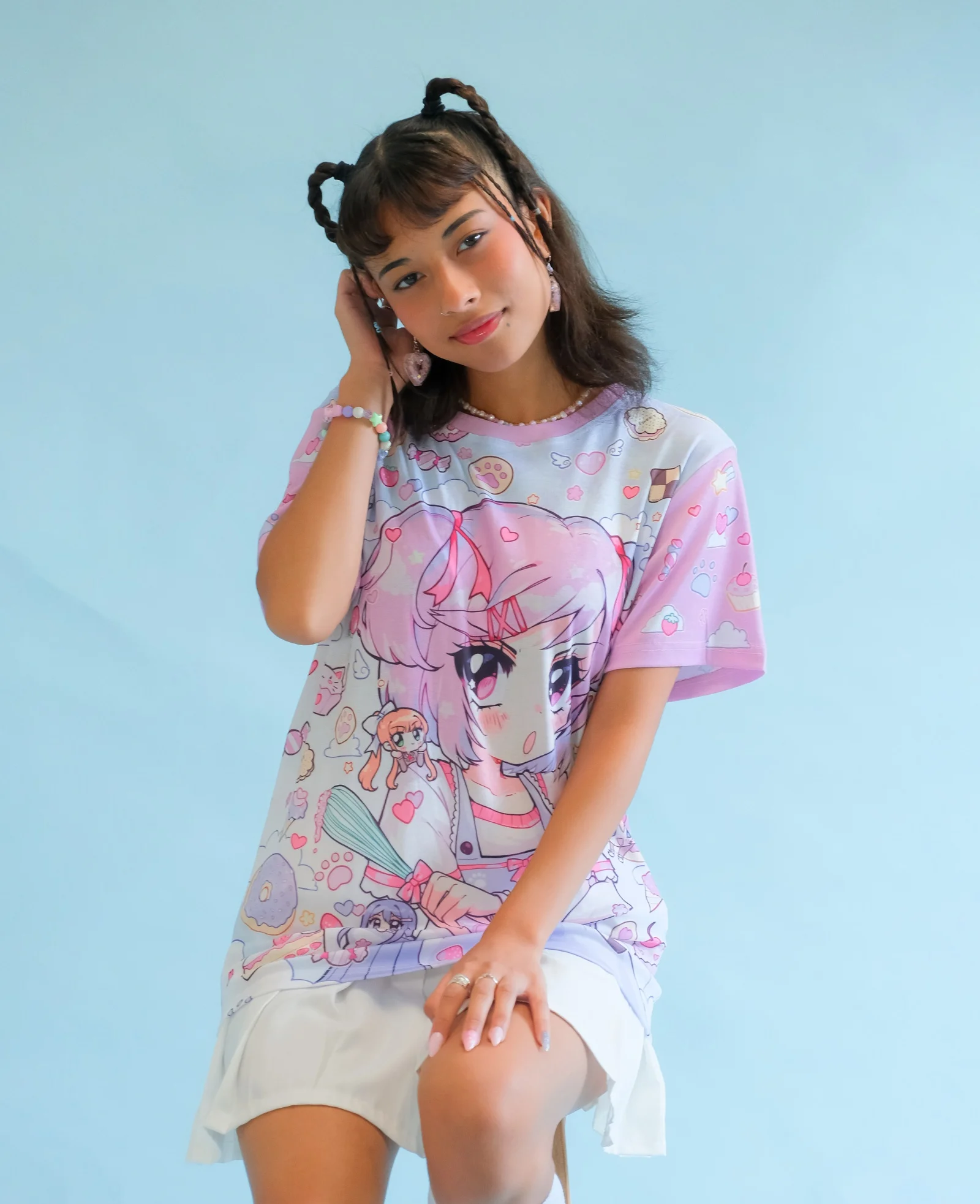 Harajuku Decora Y2K Pink Double Tail Bow Baking Anime Girl T-shirt Full Area Printing Doughnut Cake Candy Adult Children