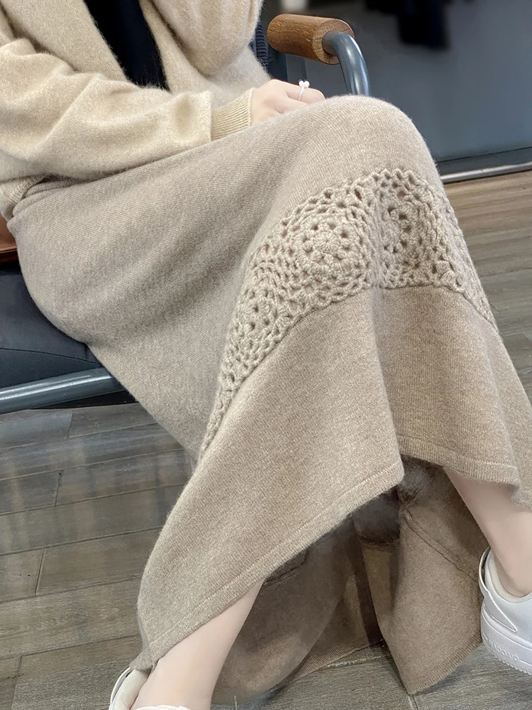 Autumn Winter New Crocheted Cashmere Knit Skirts Women Mid-Length Elastic High Waist Hip Skirt Fashion Warm Hollowed-out A Skirt