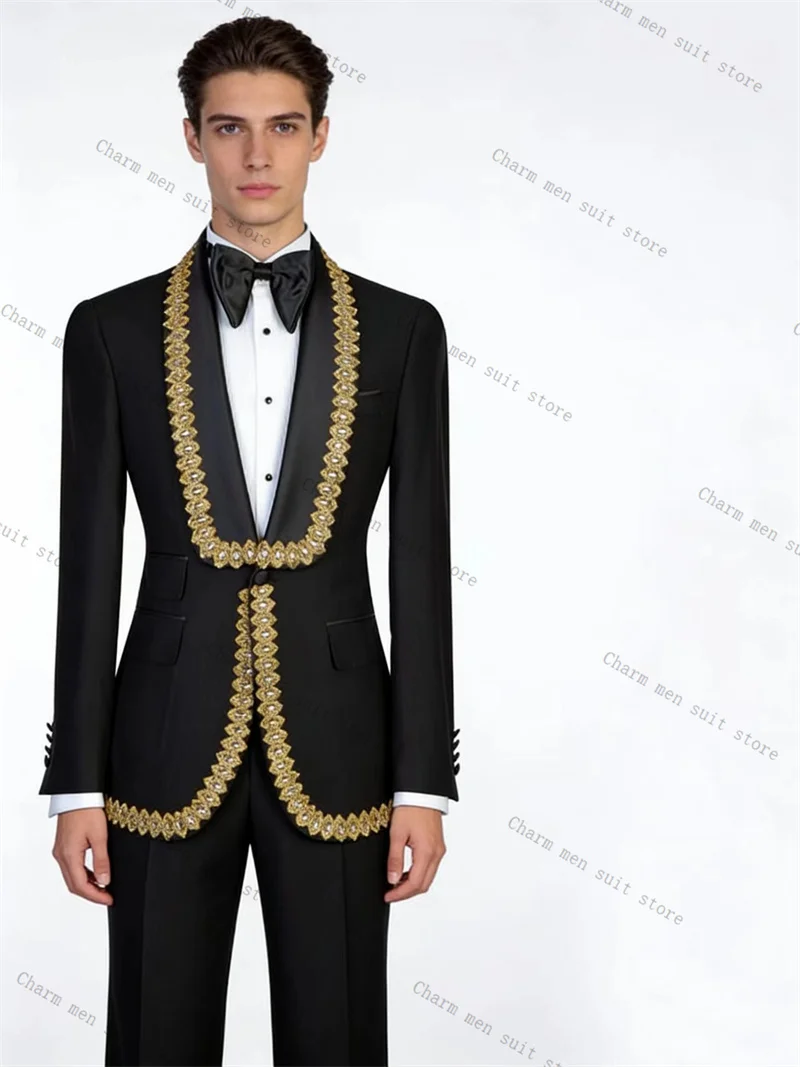 

Golden Crystals Men Suits Set 2 Pcs Blazer+Cotton Pants Trousers Black Wedding Tuxedo Formal Office Business Groom Jacket Coat