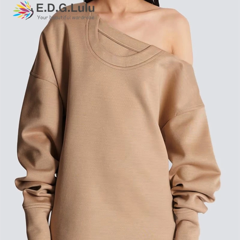 

EDGLuLu 2025 Spring Summer New Fashion Design Long Sleeve Slanted Shoulder Hoodie For Woman Leisure Street Brown Hoodie 0630