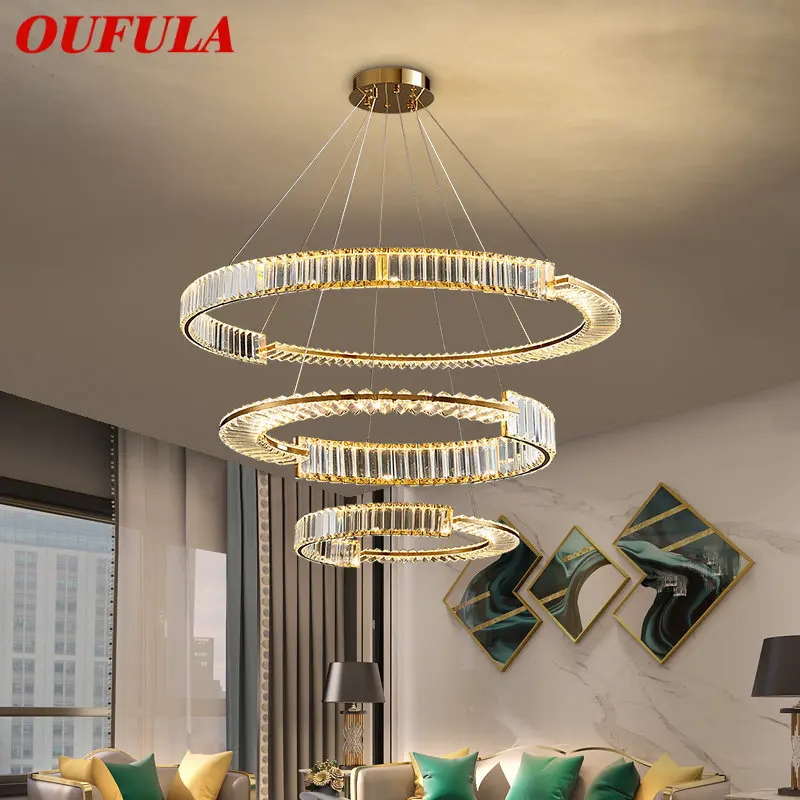 OUFULA Hanging Chandelier Crystal Modern LED Luxury Rings Pendant Light Home Decor For Living Dining Room Villa Duplex