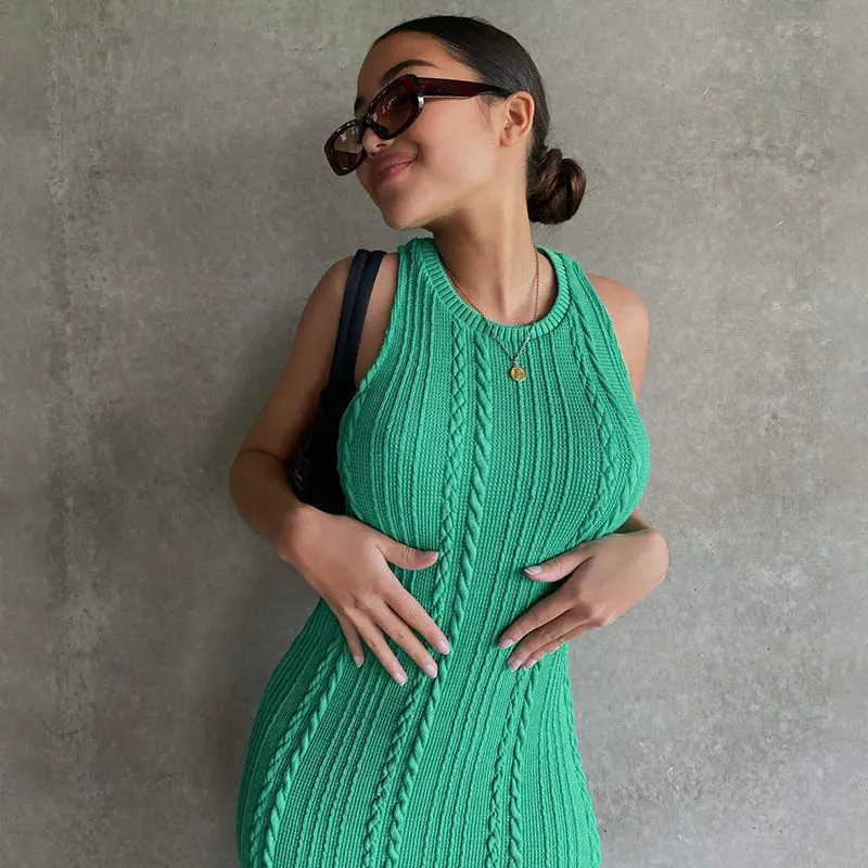 2024 Summer Smart Casual Knotted Knit Sleeveless Crew Neck Temperament Commuter Skirt Calf Length Dress