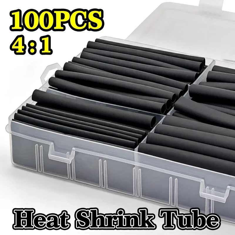 4:1 Black Flame Retardant Heat Shrink Tube Set 100Pcs Waterproof Multi Sizes For Refrigerator Cable Joint Repair Cover