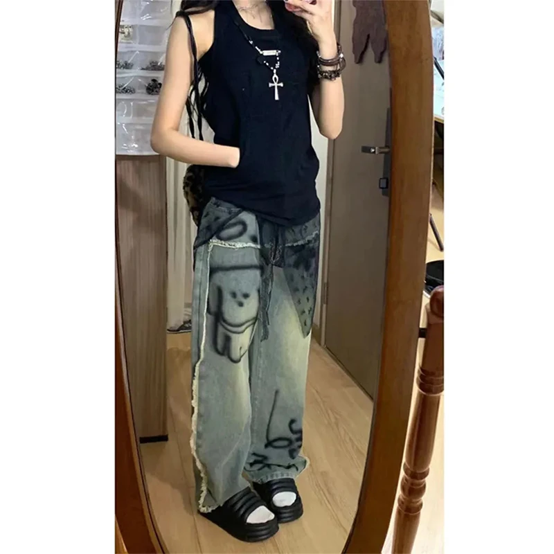 

New Graffiti Printed Hot Diamond Y2K Jeans Women Spring Summer American Draping Wide Leg Pants High Street Floor Towers 2000s