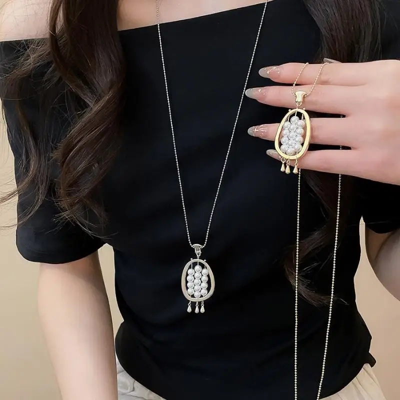 Pearl Bead Tassel Long Necklace Minimalist Style with Oval Pendant Perfect for Enhancing Winter Sweaters
